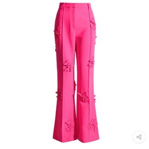 Modern Floral Appliqué High Rise Straight Leg Crepe Pants - Hot Pink
